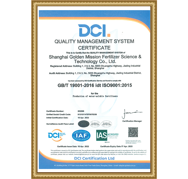  质量管理体系认证证书金美盛—英文版